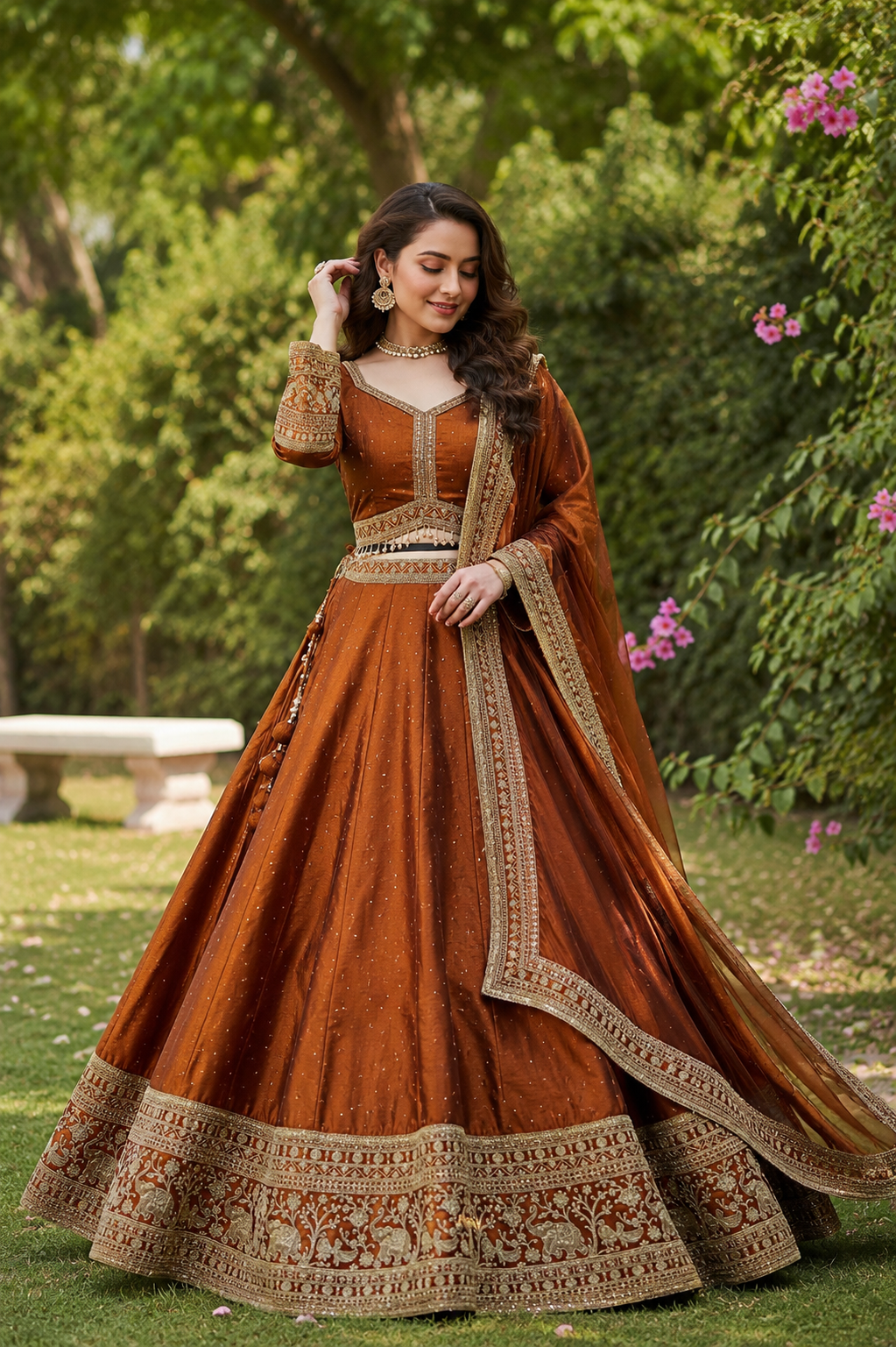 Women’s Designer Lehenga Set – Rust Brown with Intricate Zari Embroidery - Image 3