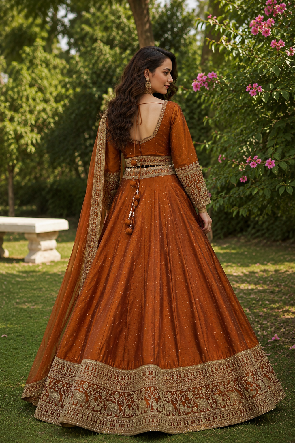 Women’s Designer Lehenga Set – Rust Brown with Intricate Zari Embroidery - Image 4