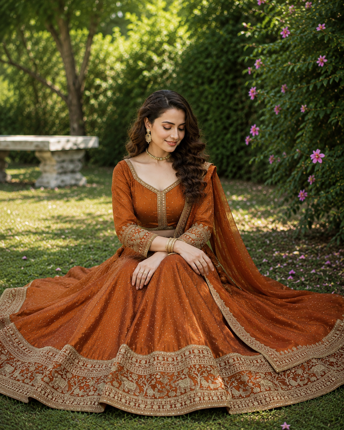 Women’s Designer Lehenga Set – Rust Brown with Intricate Zari Embroidery - Image 2