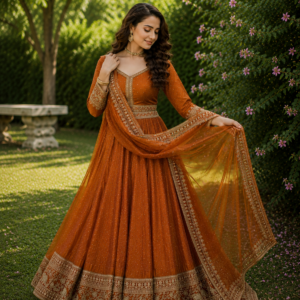 Women’s Designer Lehenga Set – Rust Brown with Intricate Zari Embroidery