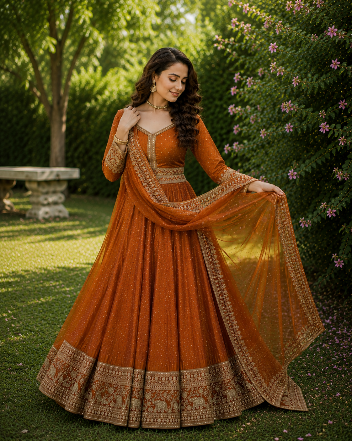 Women’s Designer Lehenga Set – Rust Brown with Intricate Zari Embroidery