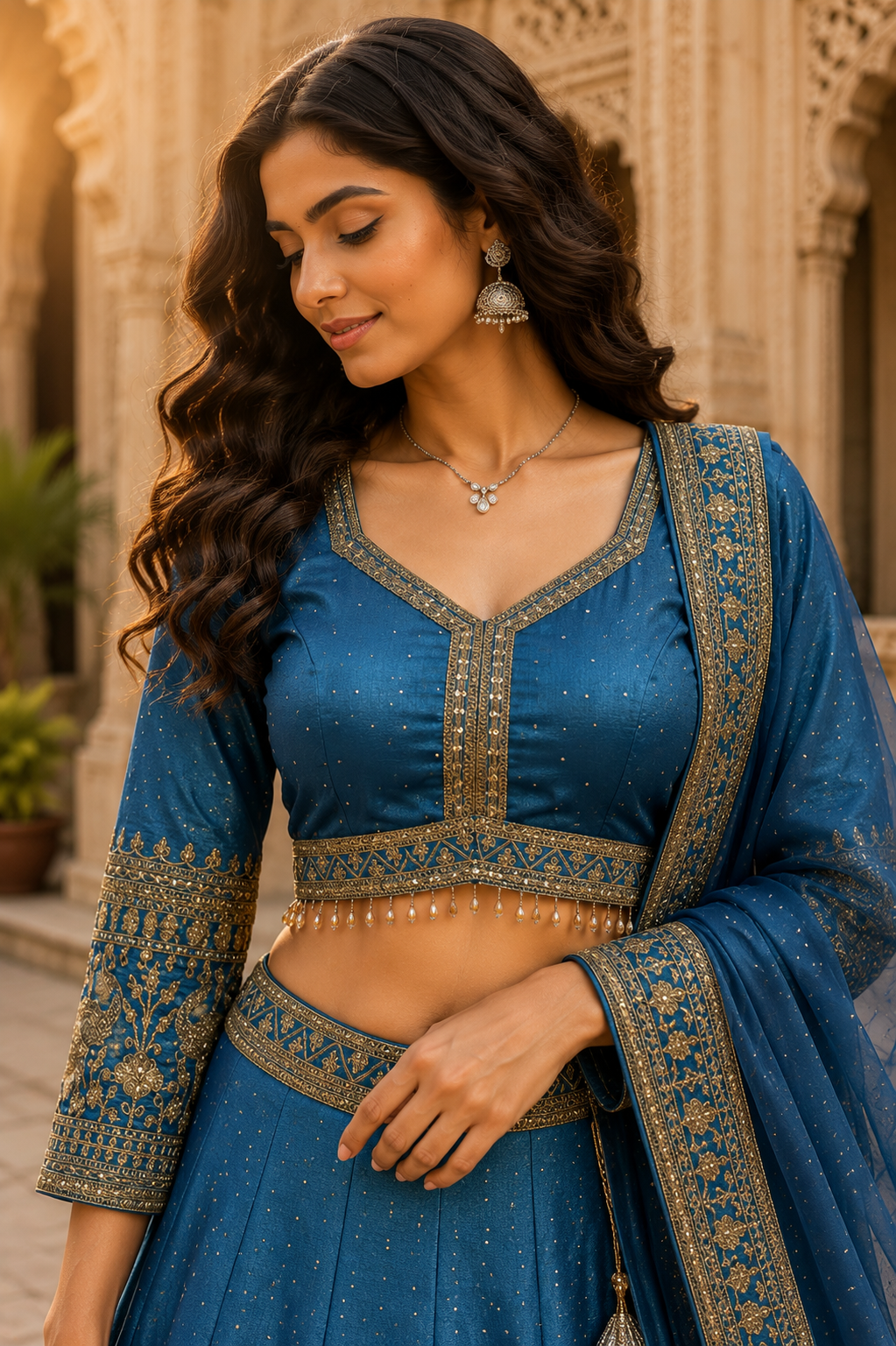 Royal Blue Embroidered Lehenga Set - Image 4