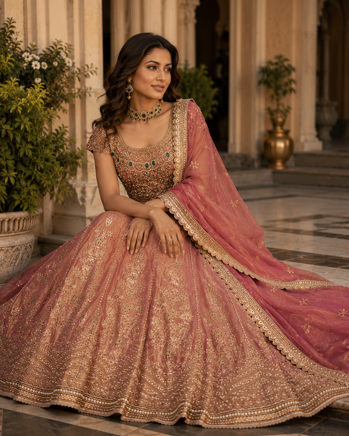 Dusty Rose Embroidered Bridal Lehenga Set