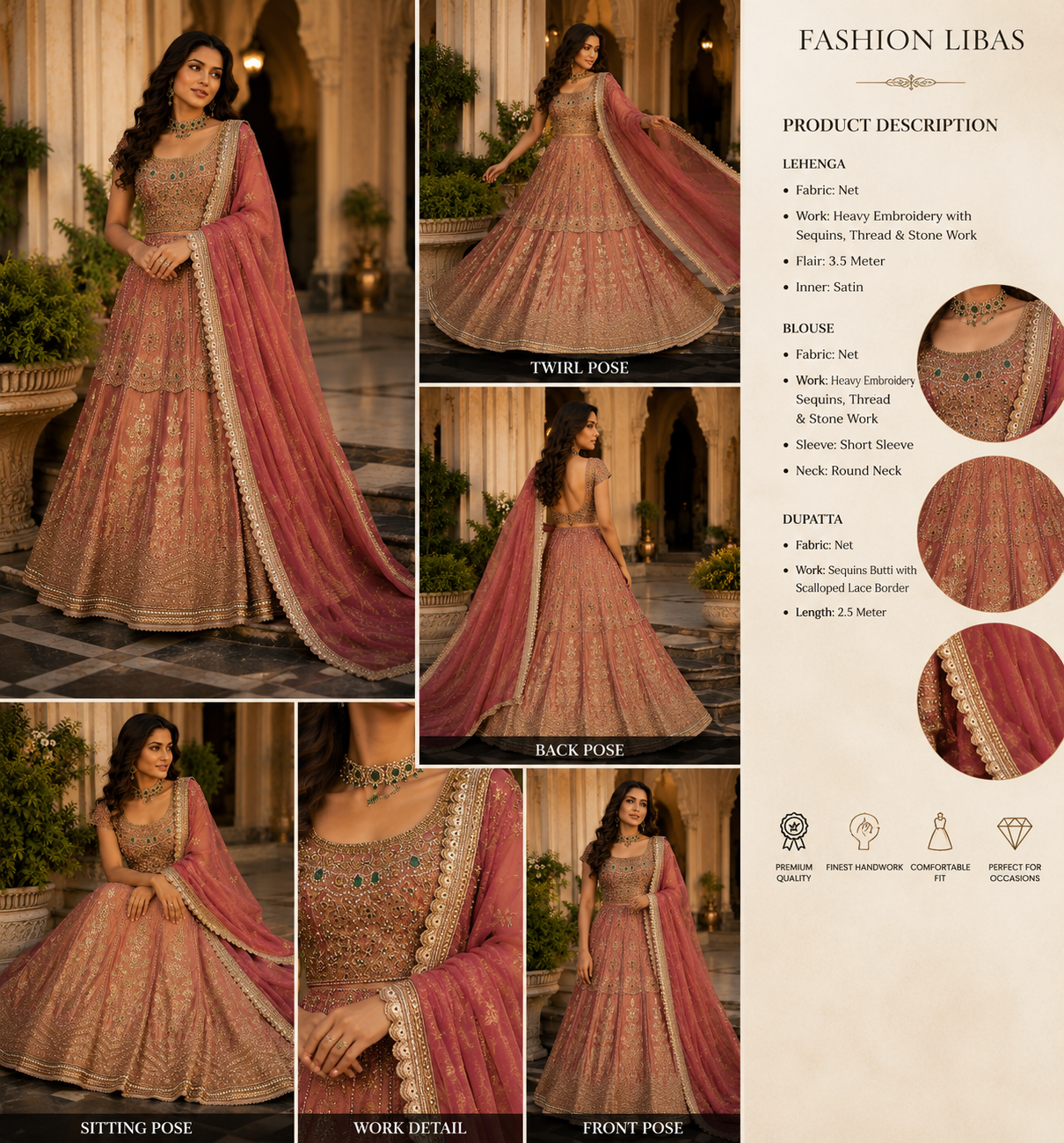 Dusty Rose Embroidered Bridal Lehenga Set - Image 4