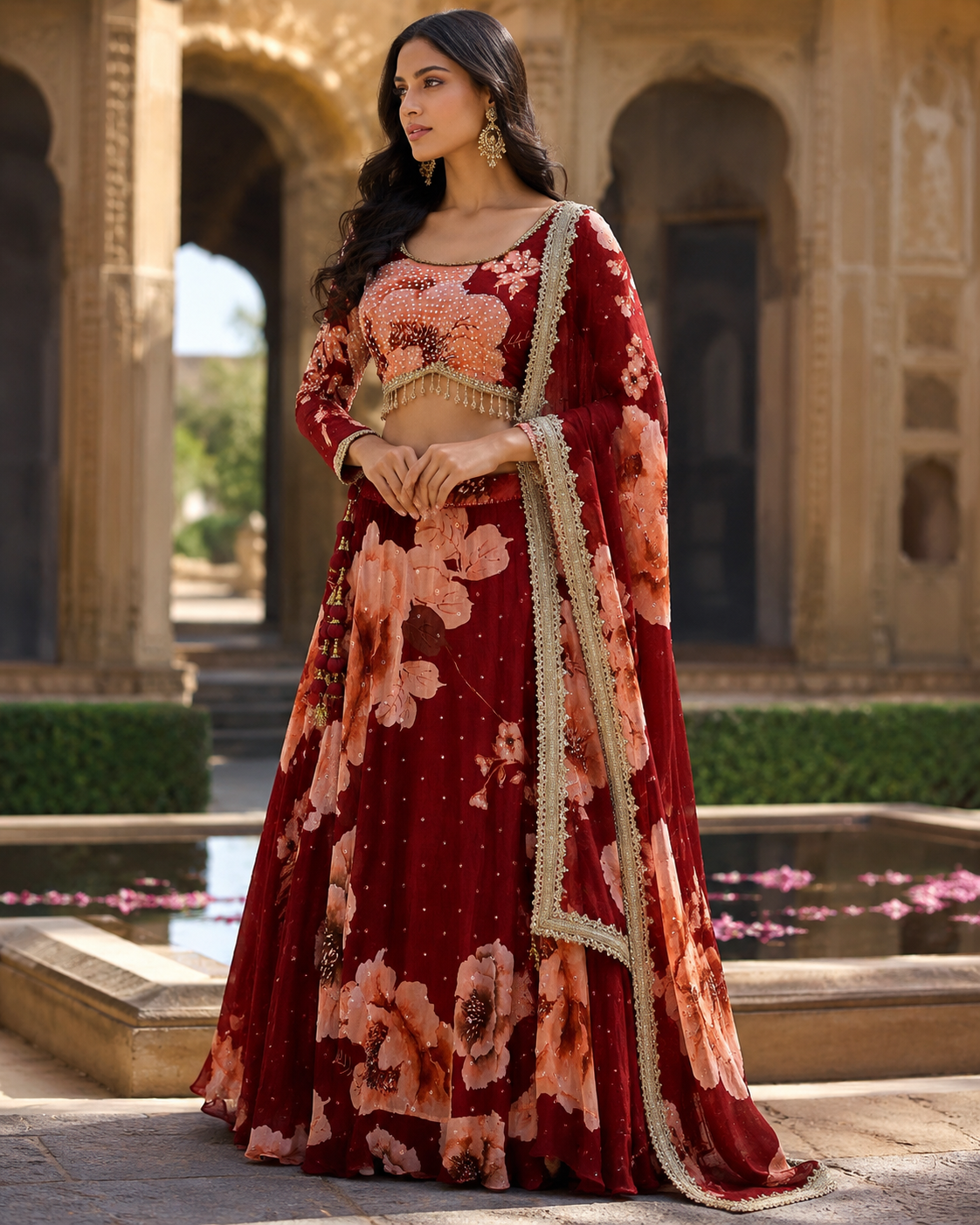 Wine Red Floral Designer Lehenga Set - Image 3