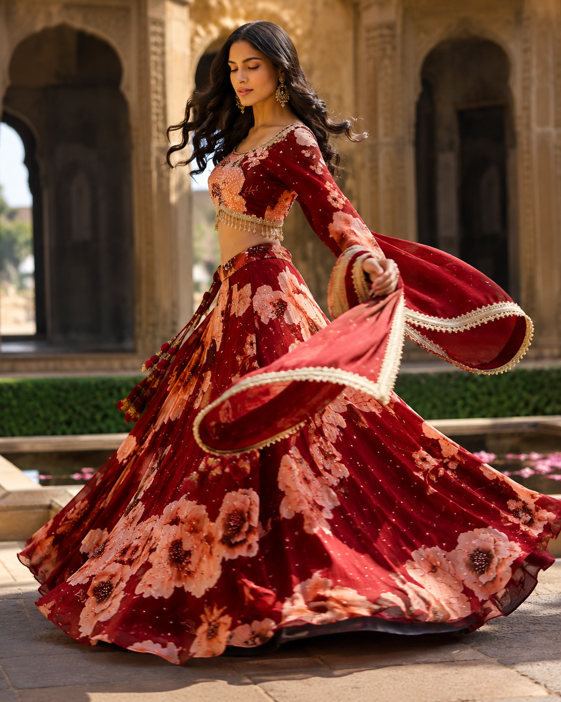 Wine Red Floral Designer Lehenga Set - Image 2