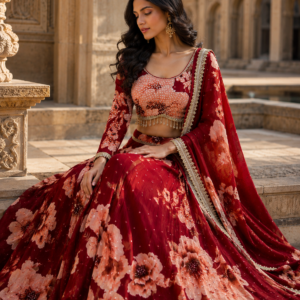 Wine Red Floral Designer Lehenga Set