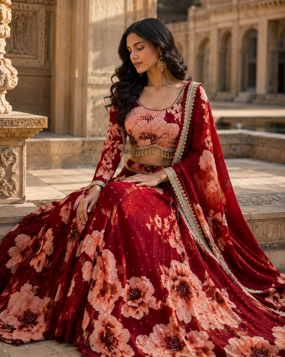 Wine Red Floral Designer Lehenga Set