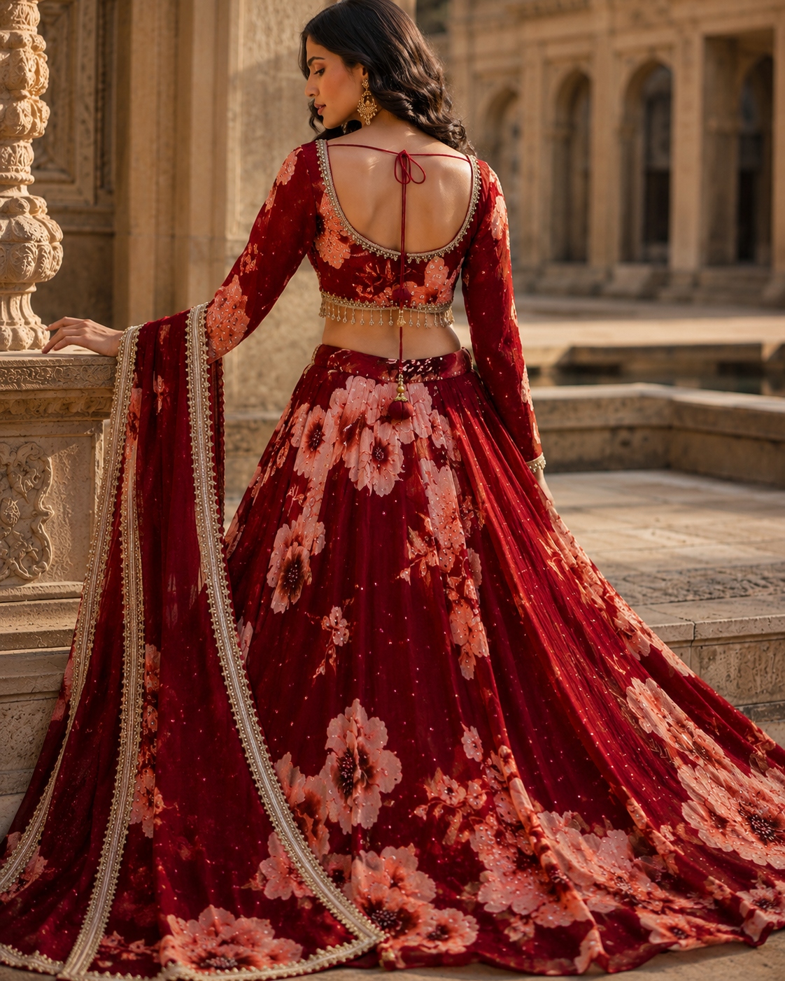 Wine Red Floral Designer Lehenga Set - Image 4