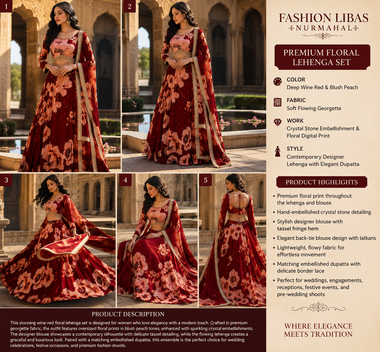 Wine Red Floral Designer Lehenga Set - Image 5