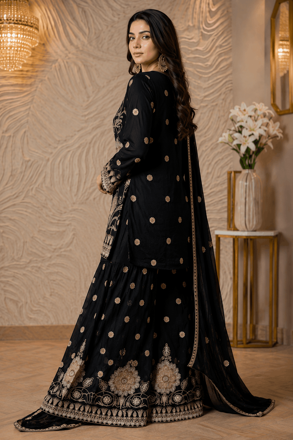 Elegant Black Floral Embroidered Sharara Suit - Image 3