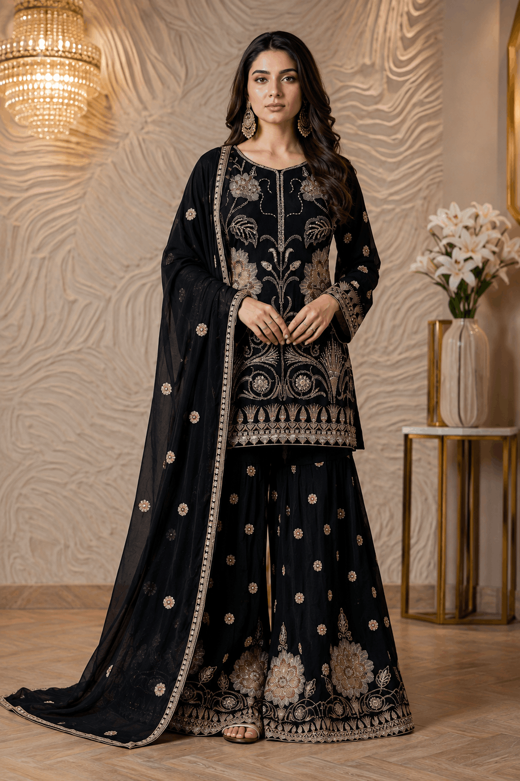 Elegant Black Floral Embroidered Sharara Suit - Image 2
