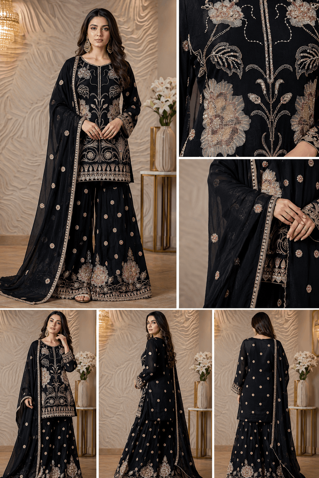 Elegant Black Floral Embroidered Sharara Suit - Image 4