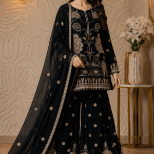 Elegant Black Floral Embroidered Sharara Suit