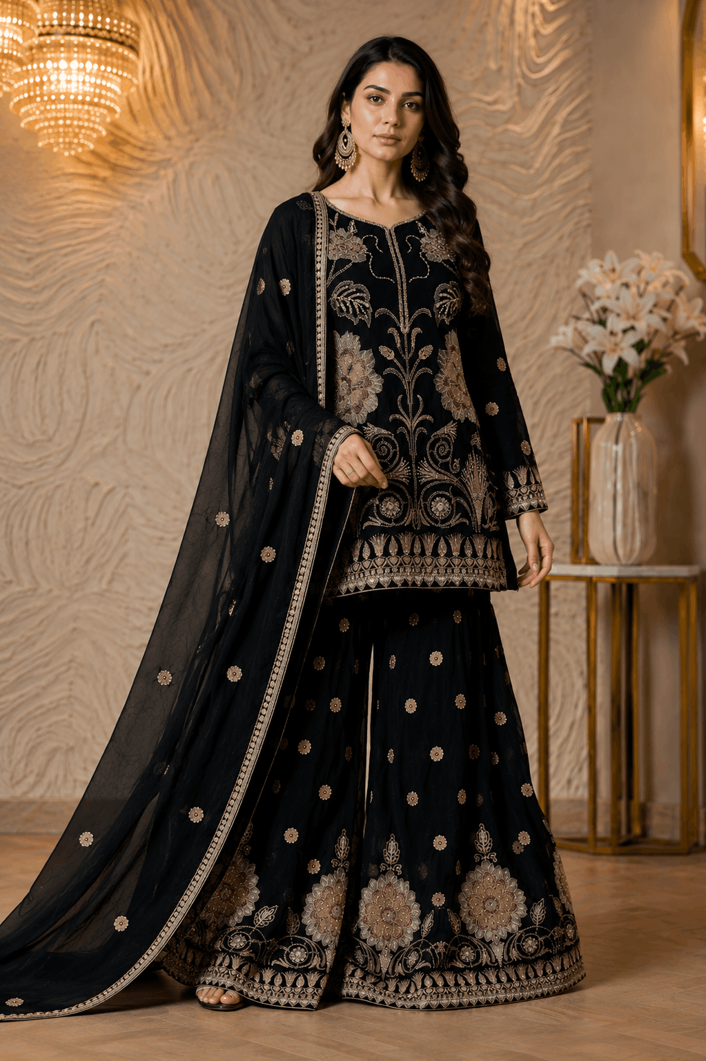 Elegant Black Floral Embroidered Sharara Suit